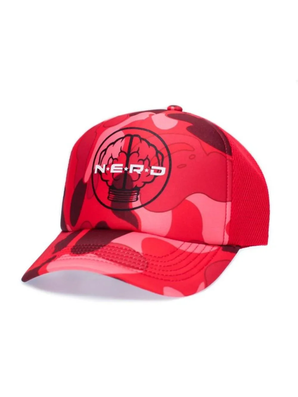 NERD Trucker Hat Pharrell Neptunes Y2K Retro Camo Brain Logo Mesh Snapback Cap